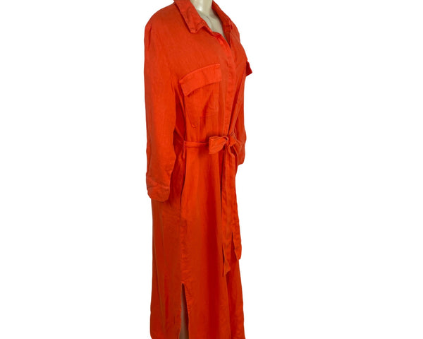 L’agence Womens Long Orange Shirt Dress Button-Front Roll-Up Sleeves Size L