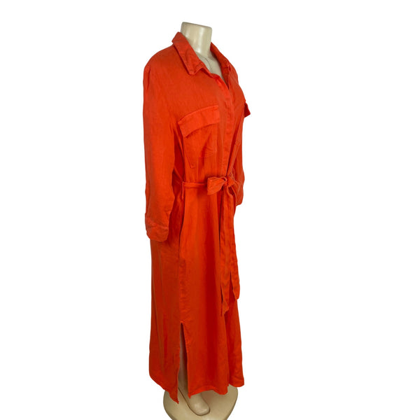 L’agence Womens Long Orange Shirt Dress Button-Front Roll-Up Sleeves Size L