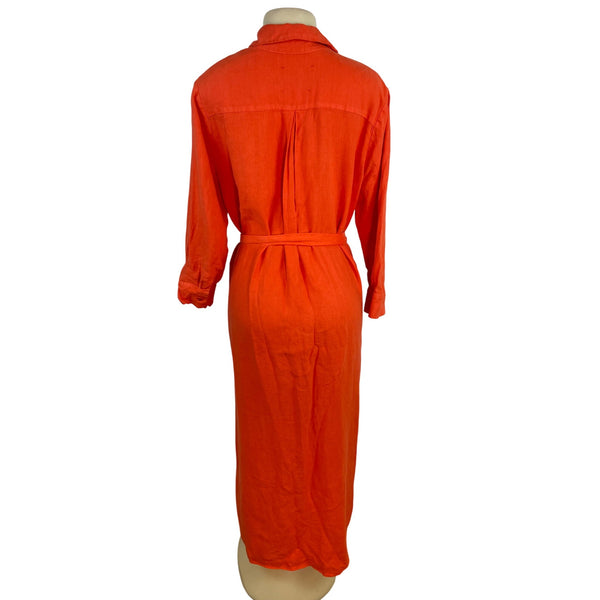 L’agence Womens Long Orange Shirt Dress Button-Front Roll-Up Sleeves Size L