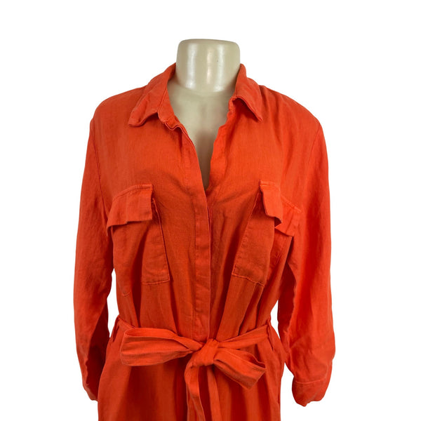 L’agence Womens Long Orange Shirt Dress Button-Front Roll-Up Sleeves Size L