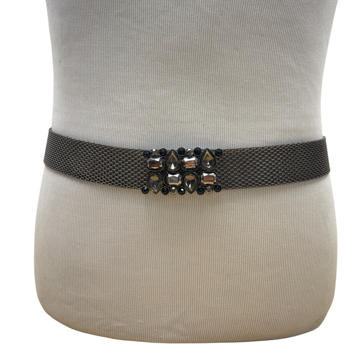 Vintage-Inspired Gunmetal Mesh Belt With Rhinestone Embellishment Adjustable