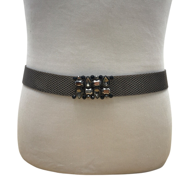 Vintage-Inspired Gunmetal Mesh Belt With Rhinestone Embellishment Adjustable