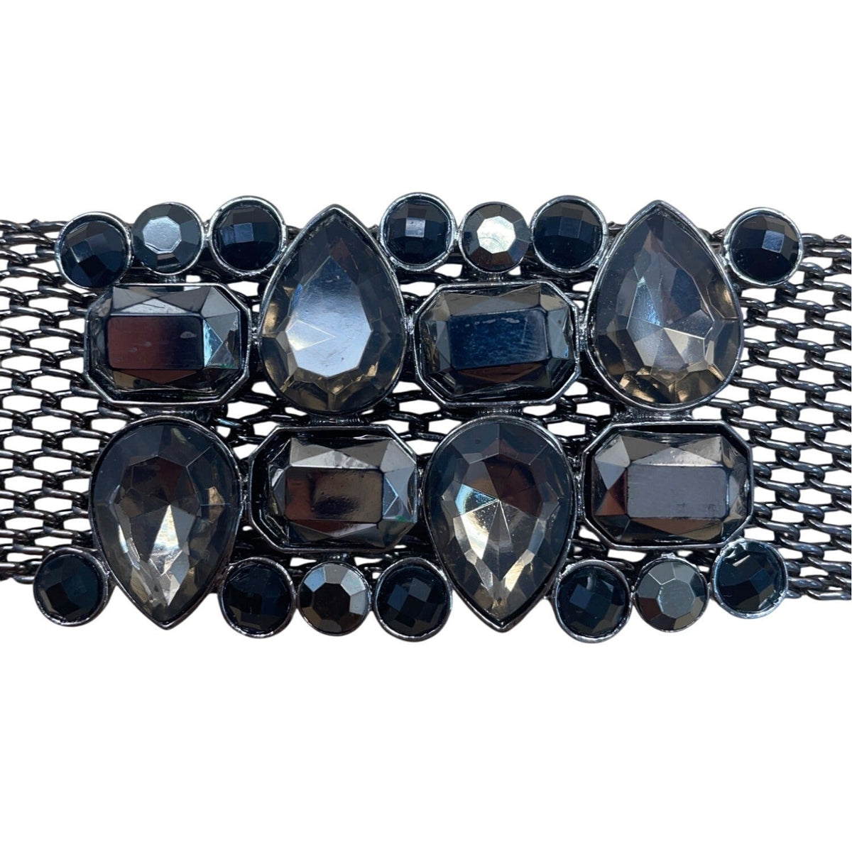 Vintage-Inspired Gunmetal Mesh Belt With Rhinestone Embellishment Adjustable