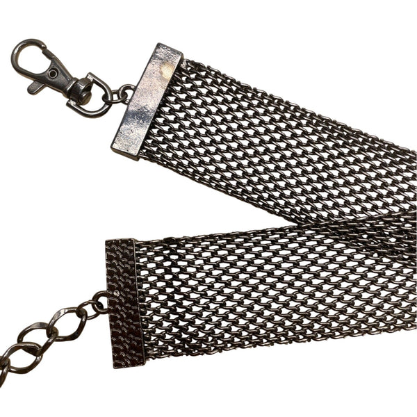 Vintage-Inspired Gunmetal Mesh Belt With Rhinestone Embellishment Adjustable