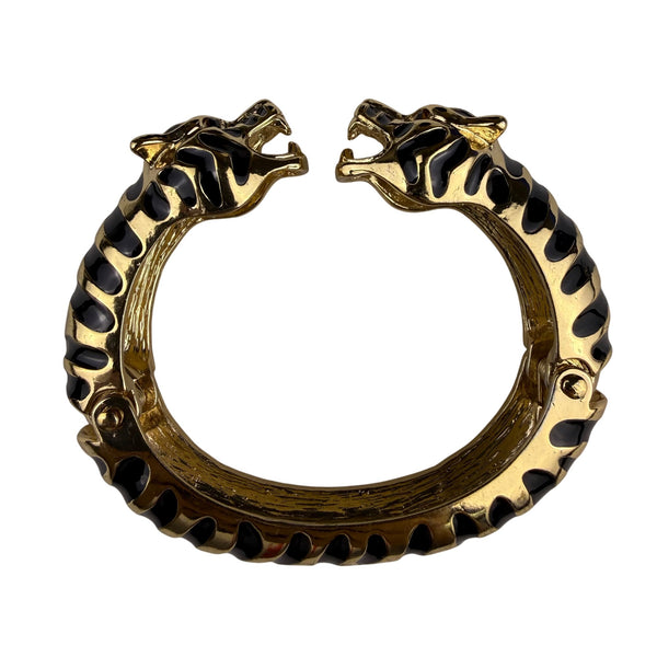 Asa Tiger Head Black Gold Tone Enamel Bracelet Hinged Bangle Wristwear