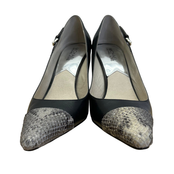 Michael Kors Black/Dark Sand Embossed Leather Cape Toe Haylen Pumps Size 9.5M