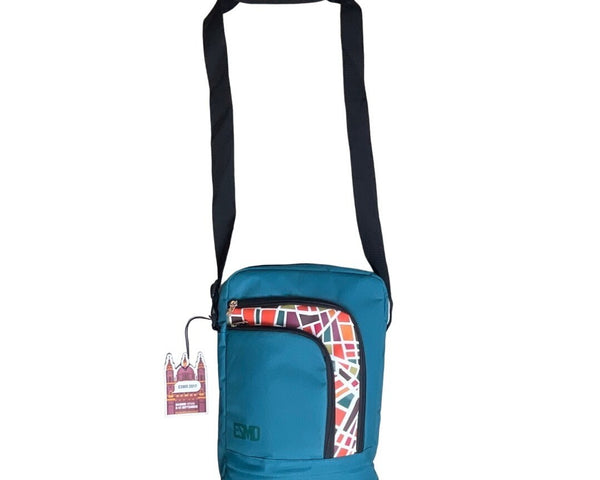 Esmo Women's Aqua Blue Multicolor Tiles Graph Tablet Crossbody Bag Sz M - NWT