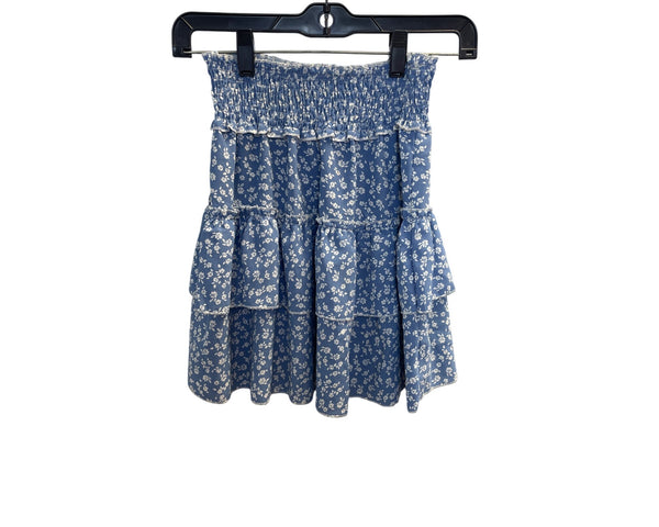 Smocked Floral Tiered Skirt Blue White Feminine Lightweight Summer Casual Elastic Waist