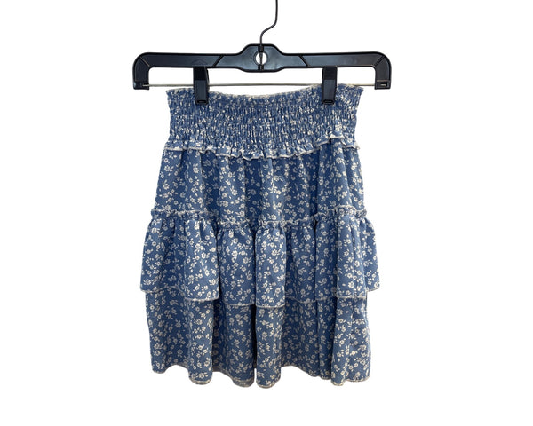 Smocked Floral Tiered Skirt Blue White Feminine Lightweight Summer Casual Elastic Waist