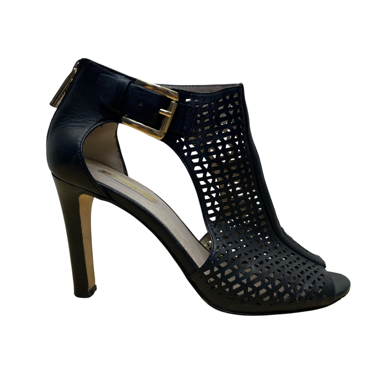 Louise Et Cie Womens Black Leather Adjustable Buckle Peep-Toe Heels Size 7.5B