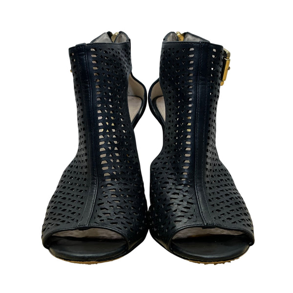 Louise Et Cie Womens Black Leather Adjustable Buckle Peep-Toe Heels Size 7.5B