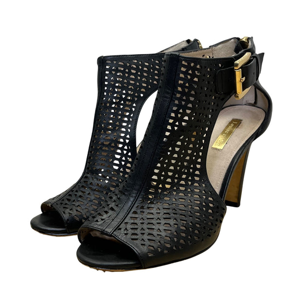 Louise Et Cie Womens Black Leather Adjustable Buckle Peep-Toe Heels Size 7.5B