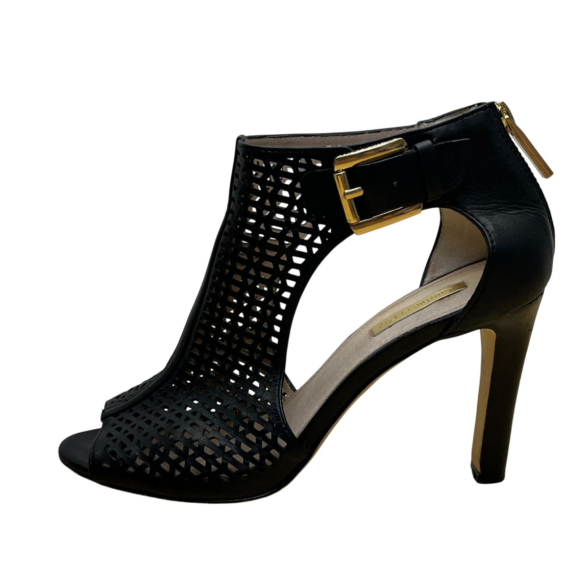 Louise Et Cie Womens Black Leather Adjustable Buckle Peep-Toe Heels Size 7.5B