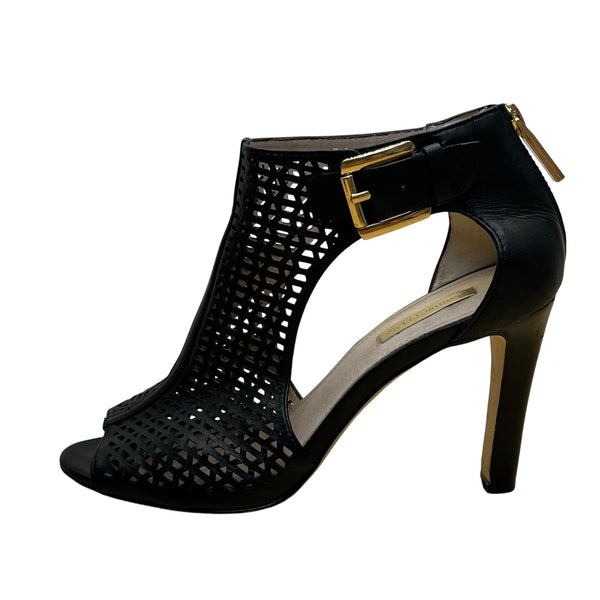 Louise Et Cie Womens Black Leather Adjustable Buckle Peep-Toe Heels Size 7.5B