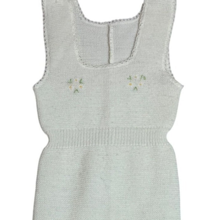 Handmade Baby Knitted White Romper w/ Footies Embroidered Floral Accents 0-3 M