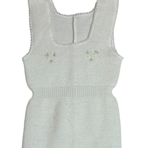 Handmade Baby Knitted White Romper w/ Footies Embroidered Floral Accents 0-3 M