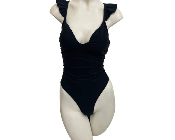 Cupshe Womens Black Ruffle Strap V-Neck One-Piece Swimsuit Size M- New