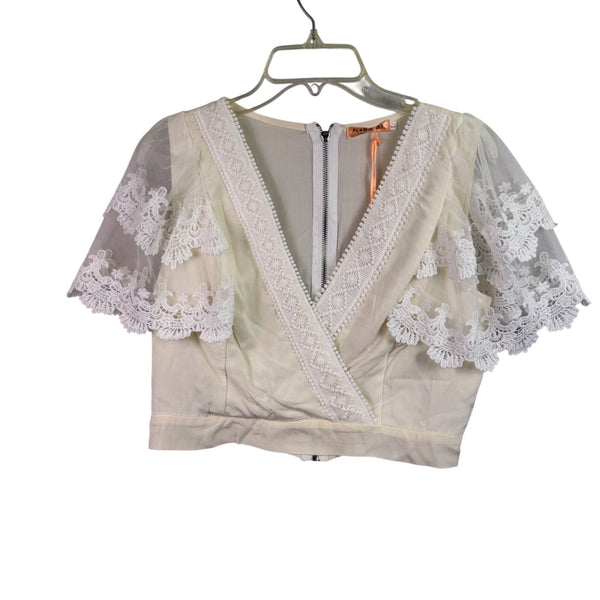 Flam Mode Womens Ivory Sheer Lace Short Sleeve Cropped Top Polyester Blend Size L