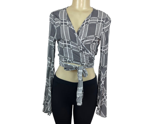 Audrey 3+1 Womens Black & White Tartan Long Sleeve Wrap Crop Top Sz S - New