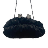 Lulu Townsend Black Satin With Rhinestone Clasp & Chain Strap Evening Clutch