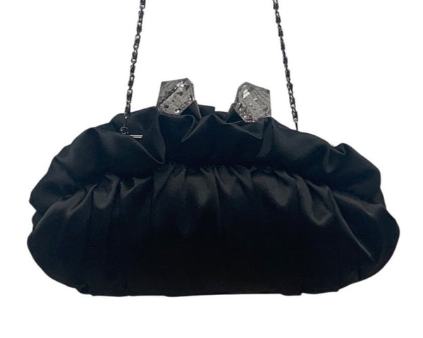 Lulu Townsend Black Satin With Rhinestone Clasp & Chain Strap Evening Clutch