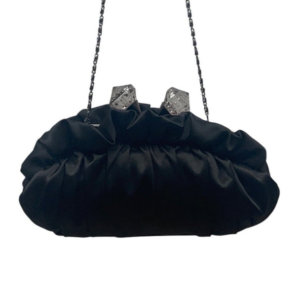 Lulu Townsend Black Satin With Rhinestone Clasp & Chain Strap Evening Clutch
