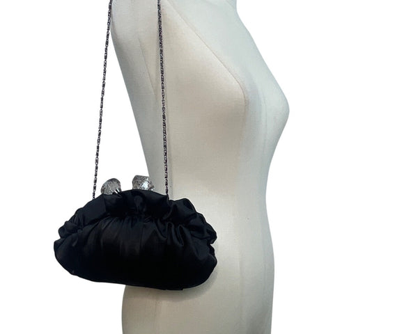 Lulu Townsend Black Satin With Rhinestone Clasp & Chain Strap Evening Clutch