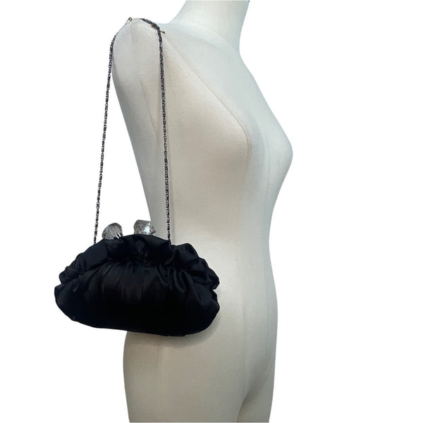 Lulu Townsend Black Satin With Rhinestone Clasp & Chain Strap Evening Clutch
