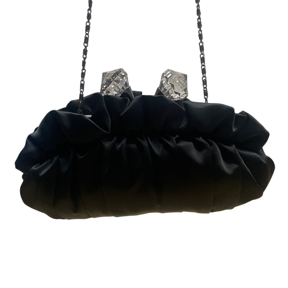 Lulu Townsend Black Satin With Rhinestone Clasp & Chain Strap Evening Clutch