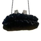 Lulu Townsend Black Satin With Rhinestone Clasp & Chain Strap Evening Clutch