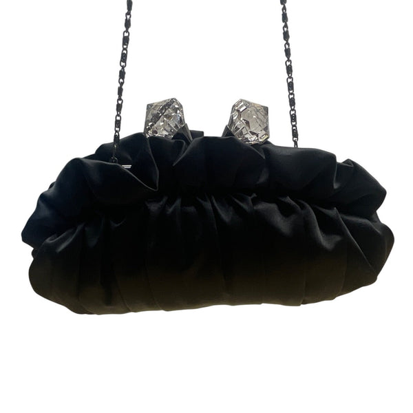 Lulu Townsend Black Satin With Rhinestone Clasp & Chain Strap Evening Clutch