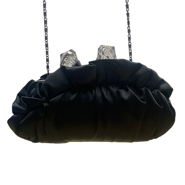 Lulu Townsend Black Satin With Rhinestone Clasp & Chain Strap Evening Clutch