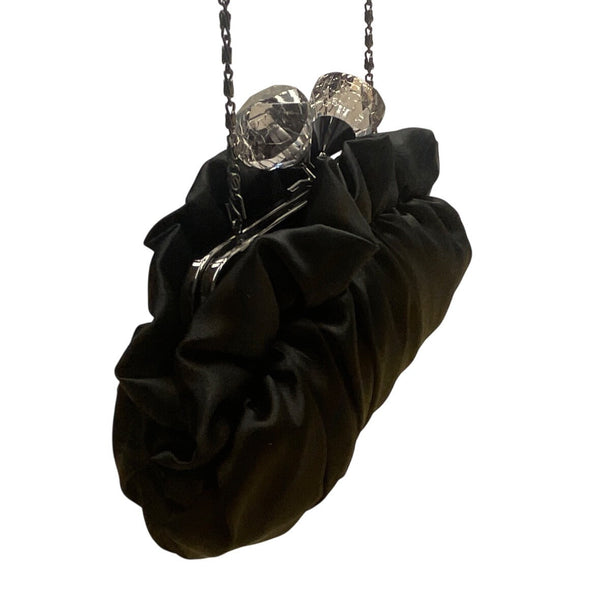 Lulu Townsend Black Satin With Rhinestone Clasp & Chain Strap Evening Clutch