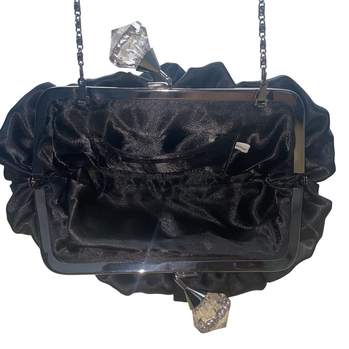 Lulu Townsend Black Satin With Rhinestone Clasp & Chain Strap Evening Clutch