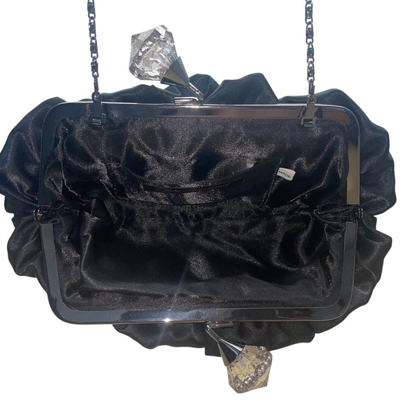 Lulu Townsend Black Satin With Rhinestone Clasp & Chain Strap Evening Clutch