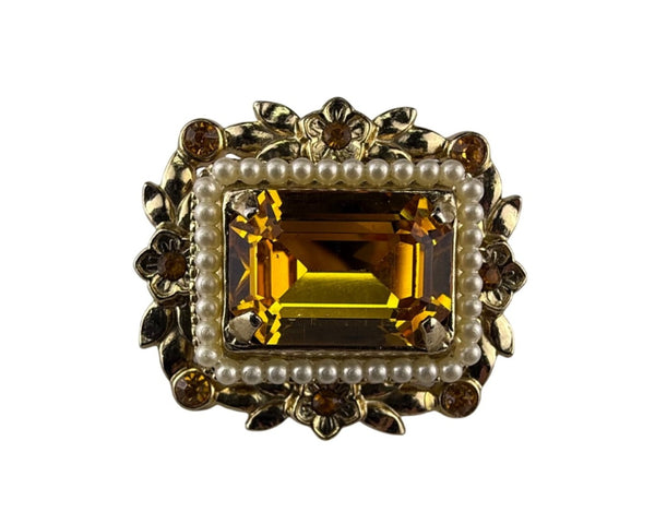 Vintage Coro Gold Tone Brooch Women’s Amber Glass Rhinestone Floral Design