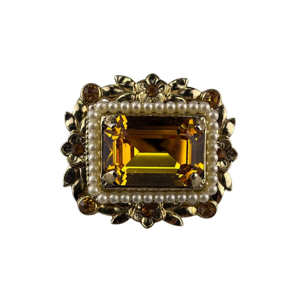 Vintage Coro Gold Tone Brooch Women’s Amber Glass Rhinestone Floral Design