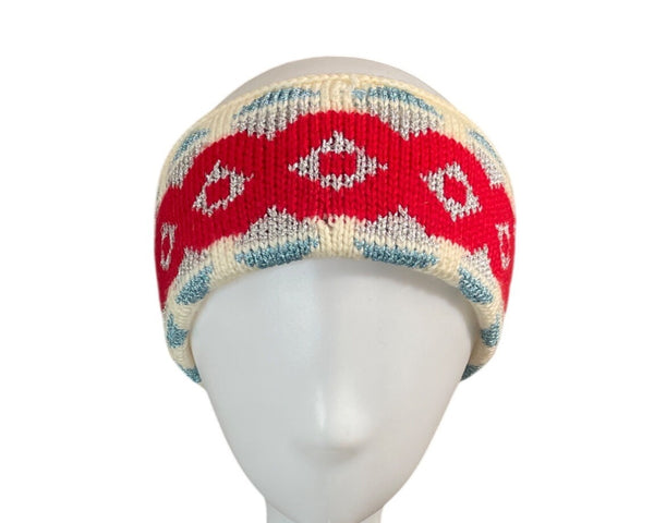 Vintage Murray Merkley Canadian Pure Wool Knit Headband Red & Blue Geometric
