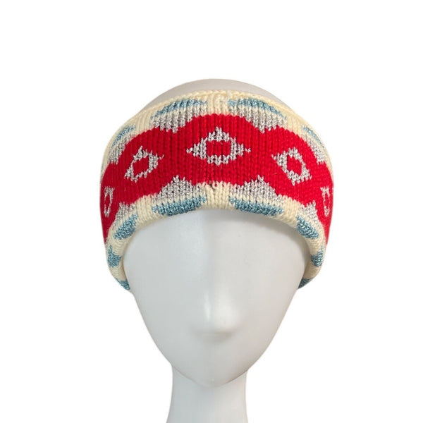 Vintage Murray Merkley Canadian Pure Wool Knit Headband Red & Blue Geometric
