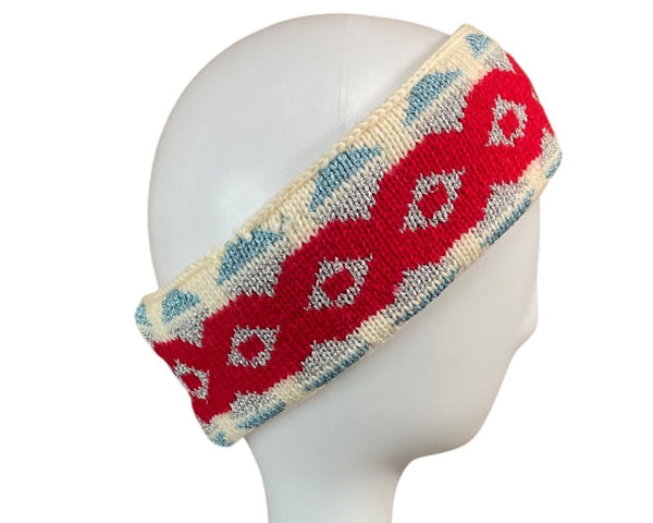 Vintage Murray Merkley Canadian Pure Wool Knit Headband Red & Blue Geometric