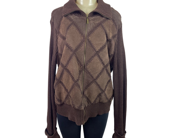 White Stag Women Brown Crochet Suede Jacket Long Sleeve Ribbed Knit Size XL - New