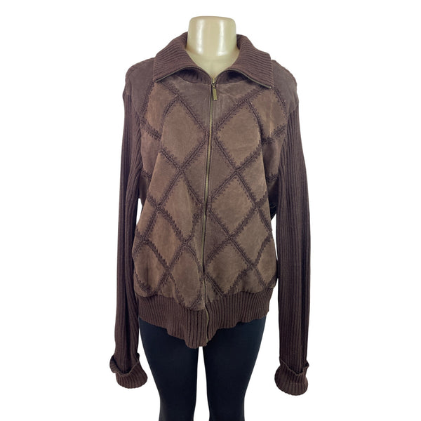White Stag Women Brown Crochet Suede Jacket Long Sleeve Ribbed Knit Size XL