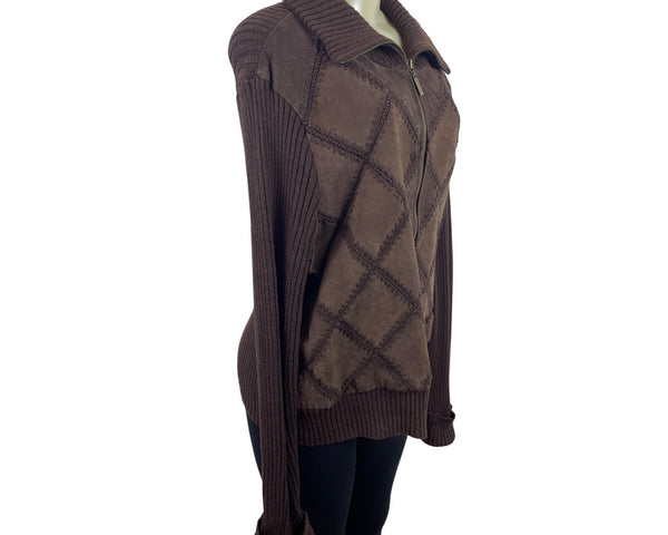 White Stag Women Brown Crochet Suede Jacket Long Sleeve Ribbed Knit Size XL - New