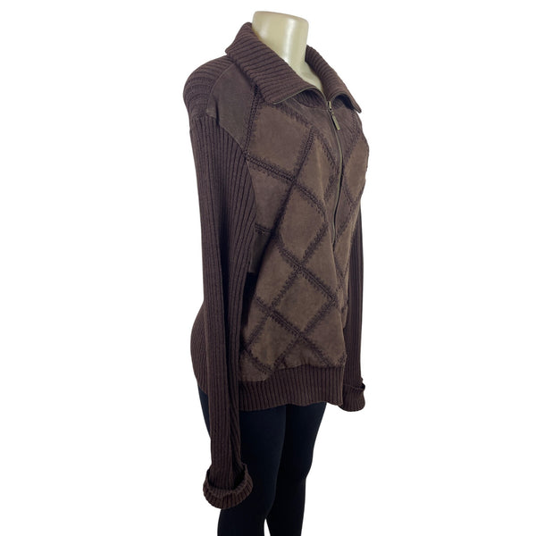 White Stag Women Brown Crochet Suede Jacket Long Sleeve Ribbed Knit Size XL