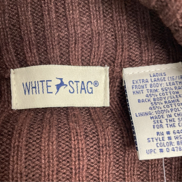 White Stag Women Brown Crochet Suede Jacket Long Sleeve Ribbed Knit Size XL