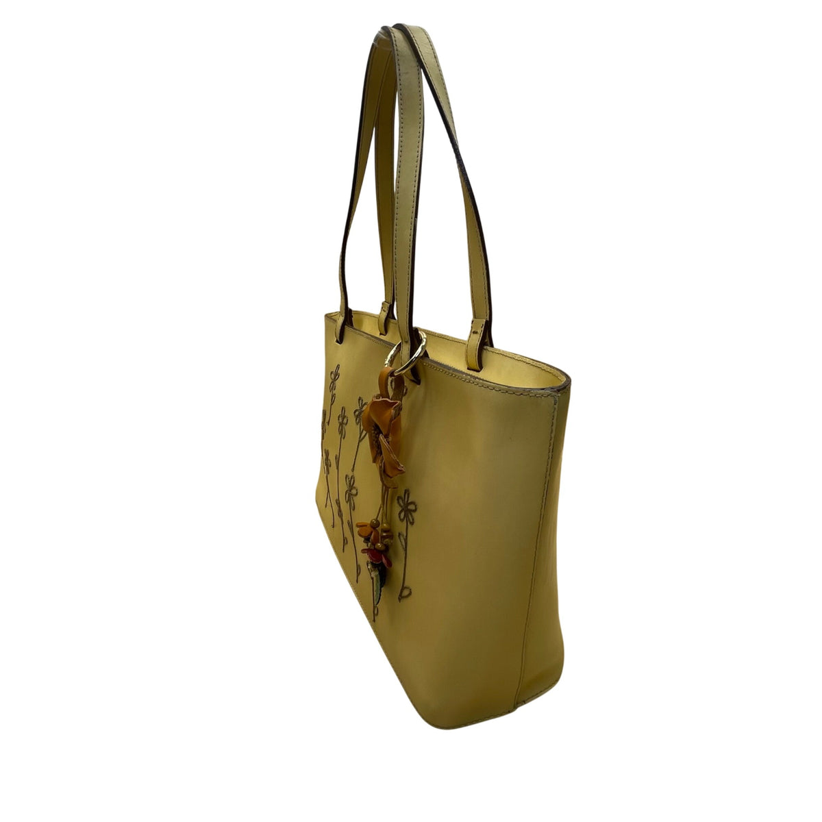 Lamarthe Women’s Yellow Embroidered Leather Flower Charm Shoulder Tote Bag