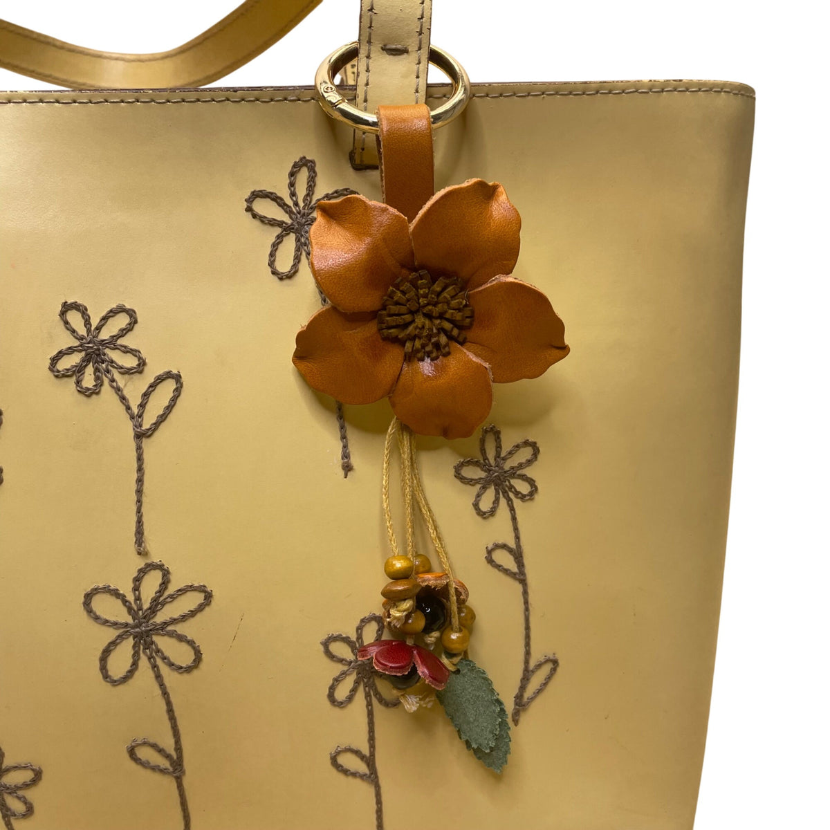 Lamarthe Women’s Yellow Embroidered Leather Flower Charm Shoulder Tote Bag