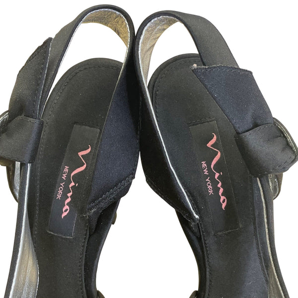 Nina New York Black Satin With Bow Detail High Heel Sandals Size 7.5M