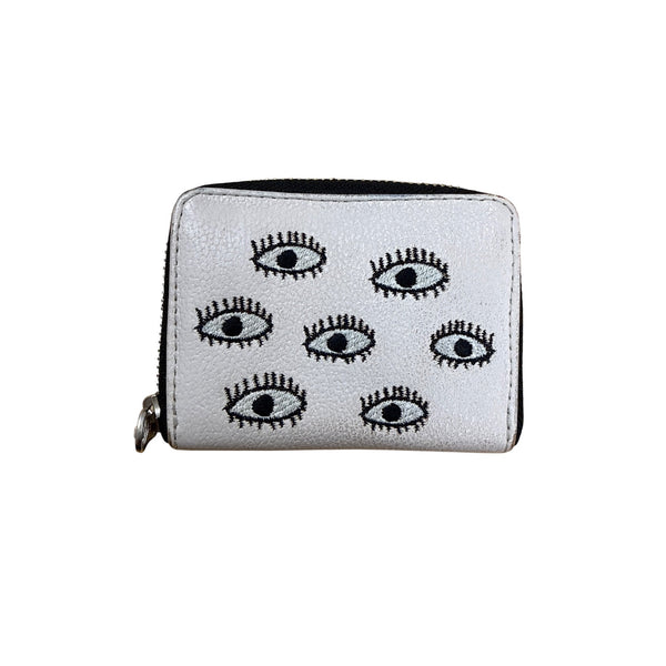 Min & Mon Unisex White Faux Leather Small Wallet Eye Embroidery Zipper Closure
