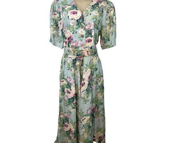 Vintage E.D. Michaels Floral Midi Dress Light Blue Green Short Sleeve Size 5/6